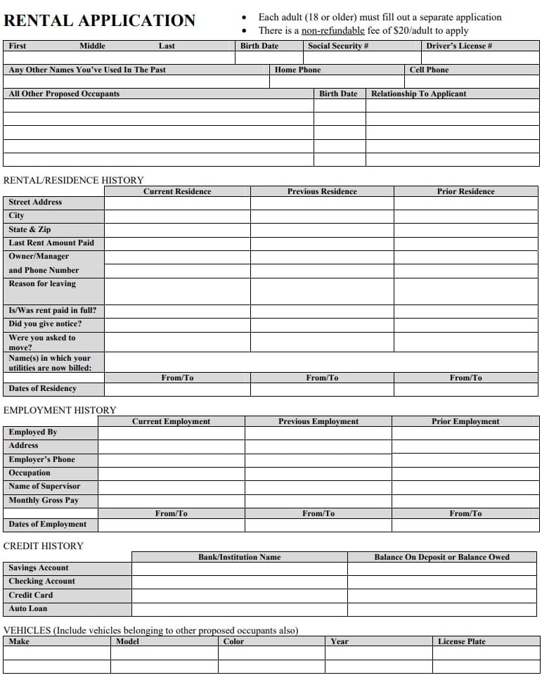 Blank Rental Application Template