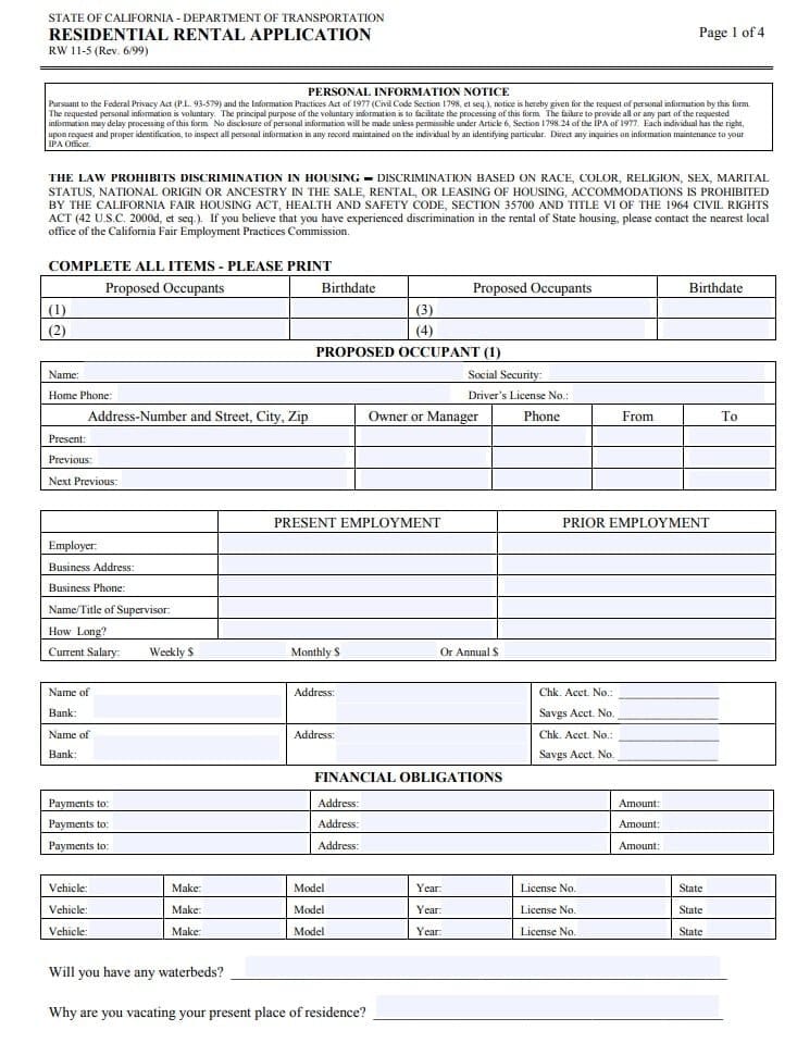 California Rental Lease Application - RW 11-5 Form